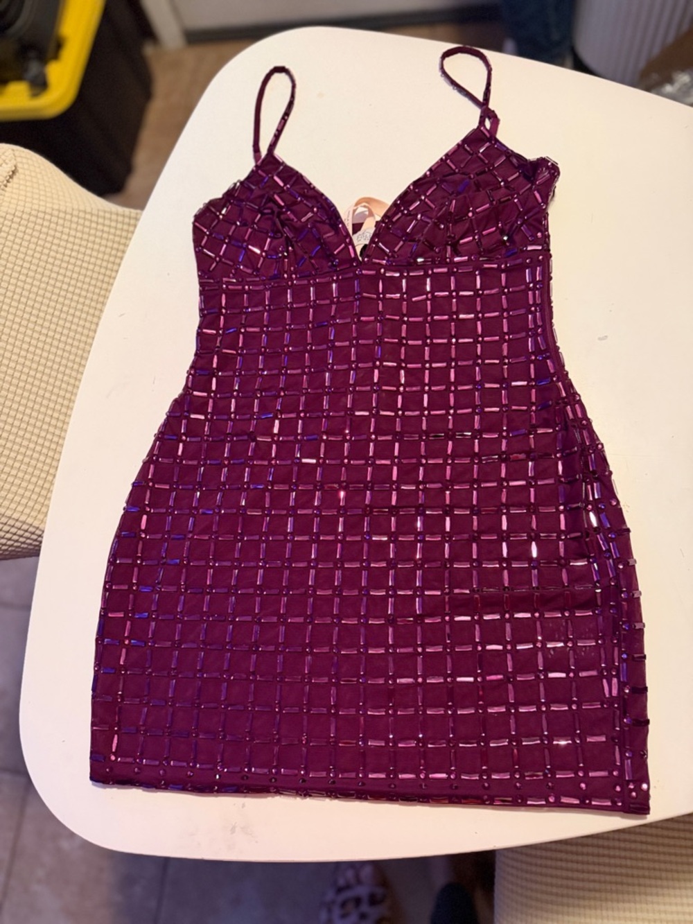 Oh Polly Plum Sequin Grid Bodycon Mini Dress - Picture 7 of 7